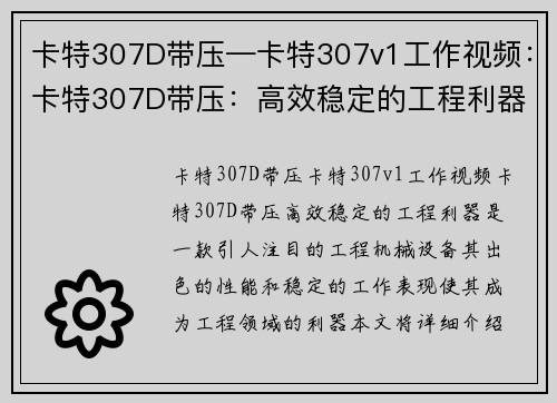 卡特307D带压—卡特307v1工作视频：卡特307D带压：高效稳定的工程利器